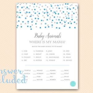 Where is my mama animal game, Name that baby animal, guess the baby animal name, Blue and Gray baby shower game, blue confetti, TLC675