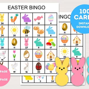 100x Tarjetas de bingo para fiesta de Pascua, Bingo de Pascua imprimible, Juego de fiesta de Pascua para niños, Juegos divertidos de Pascua, Juego de bingo para fiesta de Pascua, bs701 5