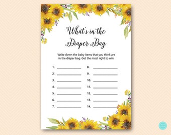 Sunflower Baby Shower Game, What's in the Diaper Bag Game Printable, Baby Shower Game Printable, Baby Shower Activities TLC537