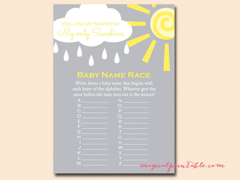 Baby name race, alphabet baby name game, You are my sunshine Baby Shower Games Printable, Gender Neutral baby, TLC112 image 1