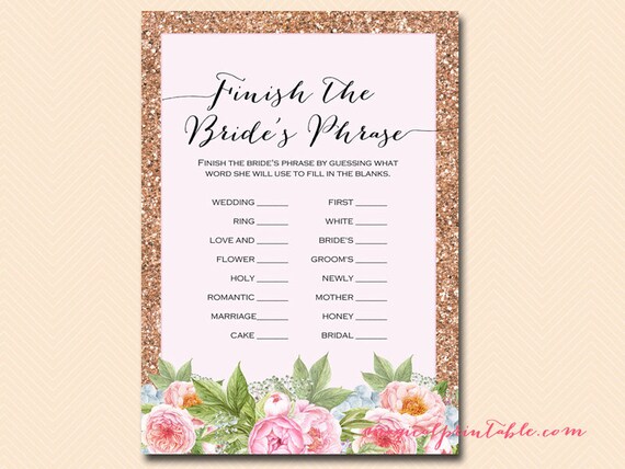 Finish the bride's phrase game, Rose Gold Glitter, Flamingo Bridal Shower Game Printables, Bachelorette, Wedding Shower Games BS130 Il_570xn