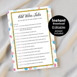 Old Wives Tales, Baby shower old wives tales, Gender prediction, Boy or Girl, Gender Reveal Games, Printable, Baby Shower Activities TLC430R