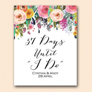 Personalizado Floral, Días Florales hasta la Boda, Cuenta a La Boda Signo, Signo de Ducha Nupcial, Decoración de la ducha nupcial del jardín BS138 TLC140