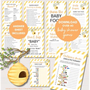 Könnte beinhalten: Ein Satz druckbarer Babyparty-Spiele mit einem Bienenstock-Thema. Die Spiele beinhalten "What's on Your Phone?", "Guess Who? Mommy or Daddy", "Don't Say "Baby"", "Guess the Baby Food", "Dirty Diaper", "Name That Poo!", "Advice Wishes for the Parents-to-Be", "Children's Books Emoji Pictionary", and "Nursery Rhyme Emoji Quiz".