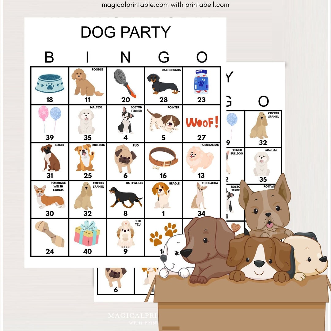 100x Dog Bingo Cards, Dog Party Bingo, Dog Birthday Game, Fun Dog