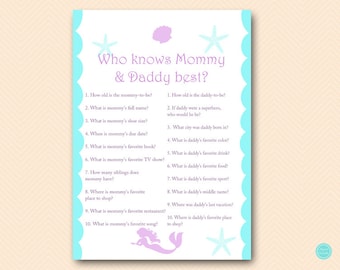 Mermaid Baby Shower Games, Who knows Mommy and Daddy Best, Who Knows mommy best game, Coed Baby shower Game,  Baby Shower Games, TLC125