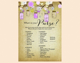 What's in your purse, purse game, what's in bag, Rustic, Purple Mason Jars Bridal Shower Printables, Bachelorette, Wedding Shower Game BS49