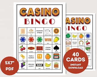 Karty do gry w bingo w kasynie, Wydrukowane bingo w kasynie, Aktywność na imprezę w kasynie, Gra na imprezę w kasynie, Gra kasynowa, Karty do gry w bingo o tematyce kasyna, bs701