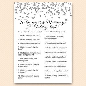 Silver Baby Shower Games, Who knows Mommy and Daddy Best, Who Knows mommy best game, Coed Baby shower Game,  Baby Shower Games, TLC149