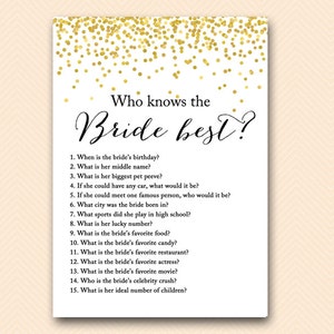 Who knows the Bride best, how well do you know the bride game, bridal quiz, Gold Confetti Bridal Shower, Bachelorette, Gold hens party BS46