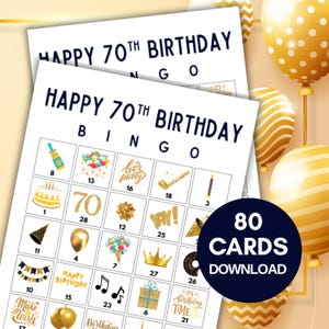 70th Birthday Bingo Cards, Printable 70th Birthday bingo, Gold Birthday Party Bingo, Fun birthday games, bingo game for birthday, bs701