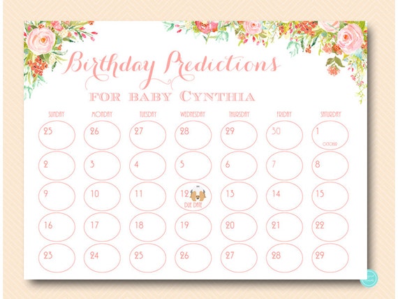 Girl Baby Prediction Calendar, baby prediction calendar, baby due date calendar, guess the due date, Baby Shower due date calendar wd97 Il_570xn