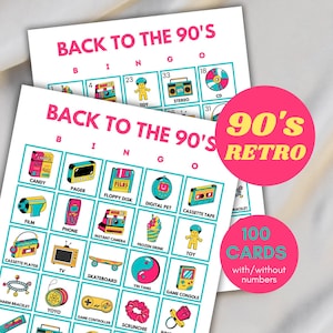 100x Cartões de Bingo Retro dos anos 90, Bingo para Festa Retro dos anos 90 para Imprimir, Bingo para Festa dos anos 90, Jogos de Aniversário Divertidos, Jogo de Bingo Retro para Aniversário, BS701