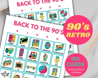 100x Cartões de Bingo Retro dos anos 90, Bingo para Festa Retro dos anos 90 para Imprimir, Bingo para Festa dos anos 90, Jogos de Aniversário Divertidos, Jogo de Bingo Retro para Aniversário, BS701
