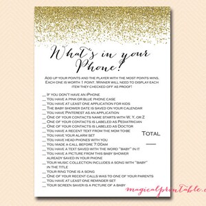 what&#39;s in your phone, what&#39;s in your cellphone, Gold Glitter Baby Shower Games Printable, Baby Shower Activities, Download TLC87