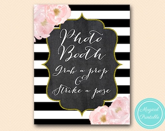 photo booth sign, grab a prop and strike a pose, floral, black stripes chalkboard wedding signage, bridal shower sign, baby shower sign SN37