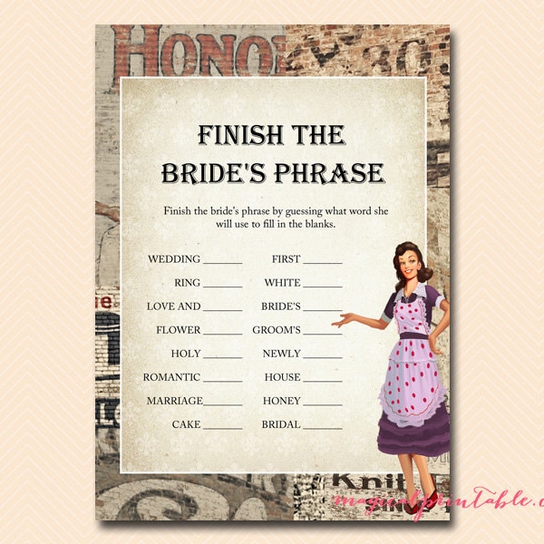 Finish the bride's phrase, 1950's Housewife Bridal Shower Game Printables, Retro bridal shower, Wedding Shower Games BS119