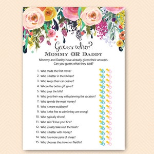 Floral Garden Mommy or Daddy Game, Guess who baby shower game, Printable Baby Shower Games, Who knows Mommy and Daddy Best TLC140