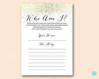 Printable Gold Who Am I Game, Who Am I bridal shower Game, My Favorite Memory with Bride, Memory Lane, BS472B dd