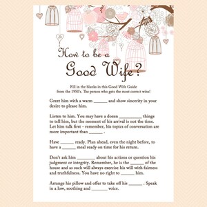 How to be a good wife Game, Good wife Guide 1950s Game, Bridal Shower Game Printables, Bachelorette, Wedding Shower Games BS42