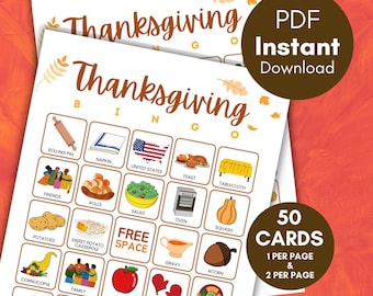 Op de afbeelding: Een Thanksgiving Bingo-spelkaart met een raster van illustraties, waaronder een deegroller, servet, kaart van de Verenigde Staten, feestmaal, tafelkleed, vrienden, broodjes, salade, oven, pompoen, aardappelen, zoete aardappelschotel, vrije ruimte, jus, eikel, hoorn des overvloeds, familie, appel, ovenwanten, schaal, vulling en parade.