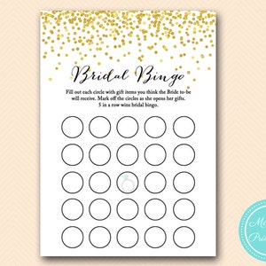 Juego de bingo nupcial, tarjetas de bingo nupcial, bingo nupcial imprimible Gold Confetti Bridal Shower, Bachelorette, Wedding Shower BS46