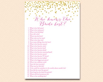 who knows the bride best, how well do you know the bride, bridal quiz, Gold Confetti Bridal Shower, Hot Pink, Wedding Shower Games BS63