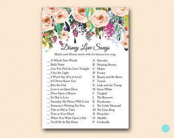 Pode incluir: Um cartão de jogo imprimível com uma borda floral e o texto "Disney Love Songs". O cartão apresenta uma lista de títulos de filmes da Disney e uma lista de canções de amor da Disney. Os jogadores devem combinar cada filme com sua música correspondente.