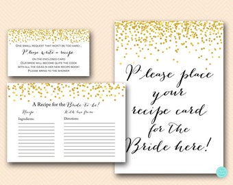 Gold Bridal Shower Recipe Cards, Bridal Shower Recipe Cards, Gold Confetti Bridal Shower, Recipe card inserts BS46