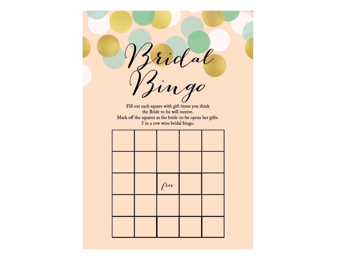 Bridal Bingo Gift Bingo Bridal Shower Bingo Mint Coral Gold Etsy