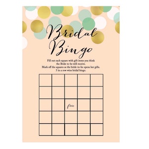 Bingo nupcial, bingo de regalo, bingo de despedida de soltera, Imprimibles de juego de despedida de soltera de confeti de oro coral menta, despedida de soltera, despedida de soltera BS47