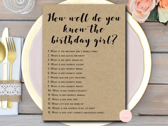 Kraft Rustic Birthday Party Games Who Knows The Birthday Girl Best How Well Do You Know The Birthday Girl Instant Download Bp596 By Magical Printable Catch My Party