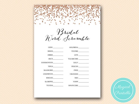 bridal word scramble, unscramble game printable, Rose Gold Confetti ...
