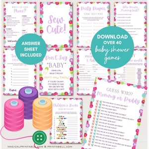 May include: A set of printable baby shower games with a button theme. The games include "What's on Your Phone?", "Sew Cute!", "Don't Say Baby", "Dirty Diaper", "Who Knows Mommy Best?", "Baby Predictions & Advice", "Guess Who: Mommy or Daddy", "Tea Challenge", "One World", and "Children's Books Emoji Pictionary".