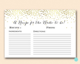 Gold Bridal Shower Recipe Cards, Bridal Shower Recipe, Recipe for the Bride to be, Bridal Shower Activities, Bridal Shower Game BS472B dd