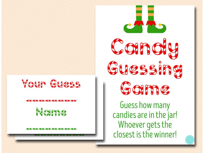 Op de afbeelding: Twee witte, bedrukbare spelvellen. E&eacute;n vel zegt "Your Guess" en "Name" in rood en groen snoepstokletters. Het andere vel zegt "Candy Guessing Game" met elfenvoeten bovenaan. De tekst luidt "Raad hoeveel snoepjes er in de pot zitten!"