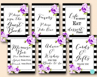 Purple Floral, Purple and Silver Bridal Shower Decorations, Bridal Shower Signs, Printable Table Signs, Decoration Signs, Favors sign BS511