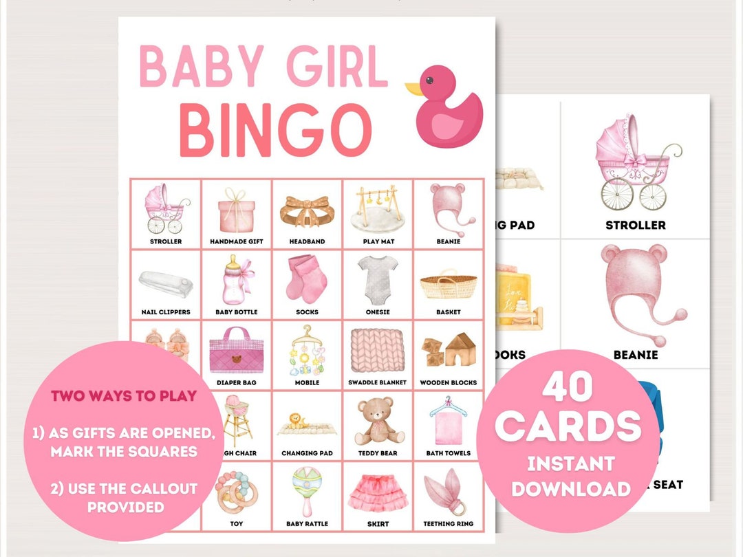 Girl Baby Shower Bingo Cards, Prefilled Baby Bingo Game Cards, Baby ...