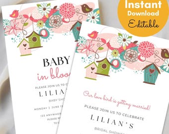 Invitación editable con pájaros y flores, despedida de soltera editable con pájaros enamorados, invitación editable con un bebé en flor, baby shower caprichoso, BS83 canva