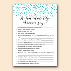 What did the Groom Say, What did he say about her, Newlywed Game, Hens Party Game, Aqua confetti Bridal Shower, Aqua Bachelorette, BS441 image 2