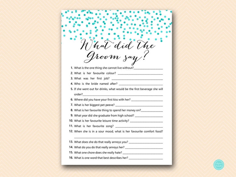 What did the Groom Say, What did he say about her, Newlywed Game, Hens Party Game, Aqua confetti Bridal Shower, Aqua Bachelorette, BS441 image 2