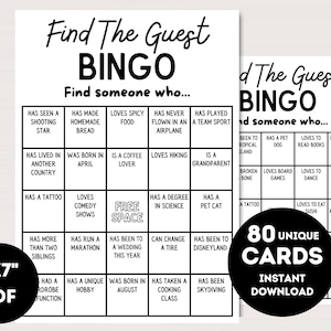 Vind de gastbingokaarten, 80 unieke afdrukbare ijsbrekerbingo, download bingo, maak kennis met het gastspel, vind het gastspel, bs701
