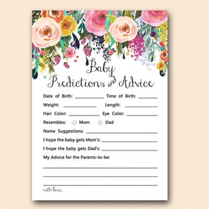 Prédictions et conseils floraux pour bébé imprimables, prédictions pour bébé, prédictions pour bébé, jeux de douche de bébé, activités de douche de bébé TLC140 db