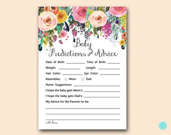Floral Baby Predictions and Advice Printable, Predictions for Baby, Baby Predictions, Baby Shower Games, Baby Shower Activities TLC140 db
