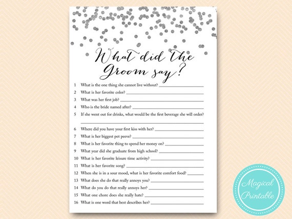 Silver What did the Groom Say, What did he say about her, Newlywed Game, Silver Bridal Shower Games BS149 Il_570xn