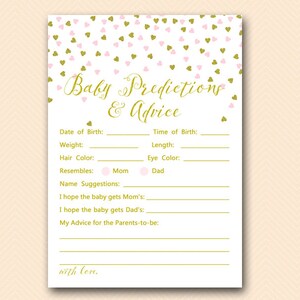 Prédictions et conseils de bébé rose et or imprimables, prédictions pour bébé, prédiction de bébé, jeu de douche de bébé, activités de douche de bébé TLC488P