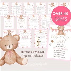 SALE! Over 40 Baby Shower Games Bundle, Printable Pink Teddy Bear Baby Shower Games, Teddy Baby Shower Package, Instant Download, TLC709