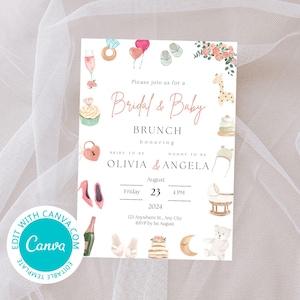 May include: A pink and white bridal and baby shower invitation with watercolor illustrations of a ring, champagne flute, cupcake, high heels, a baby bottle, a giraffe, a baby hat, a crib, a teddy bear, and a cake. The invitation reads "Please join us for a Bridal & Baby Brunch honoring Olivia & Angela Friday, August 23, 2024, 4 PM 123 Anywhere St., Any City RSVP by 1st August"