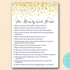 newlywed game, how well do you know, Blue bridal shower, Navy blue and Gold Confetti Bridal Shower, Wedding Shower Games BS156