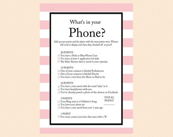 What's in your phone game Printable Baby Shower Games, Download Games, Modern, Unique Baby Shower Games,  Baby Shower Activities Tlc03